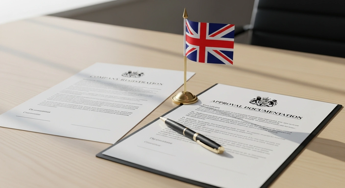 Company registration and approval documentation on a desk with British flag, linked to registered office address UK.